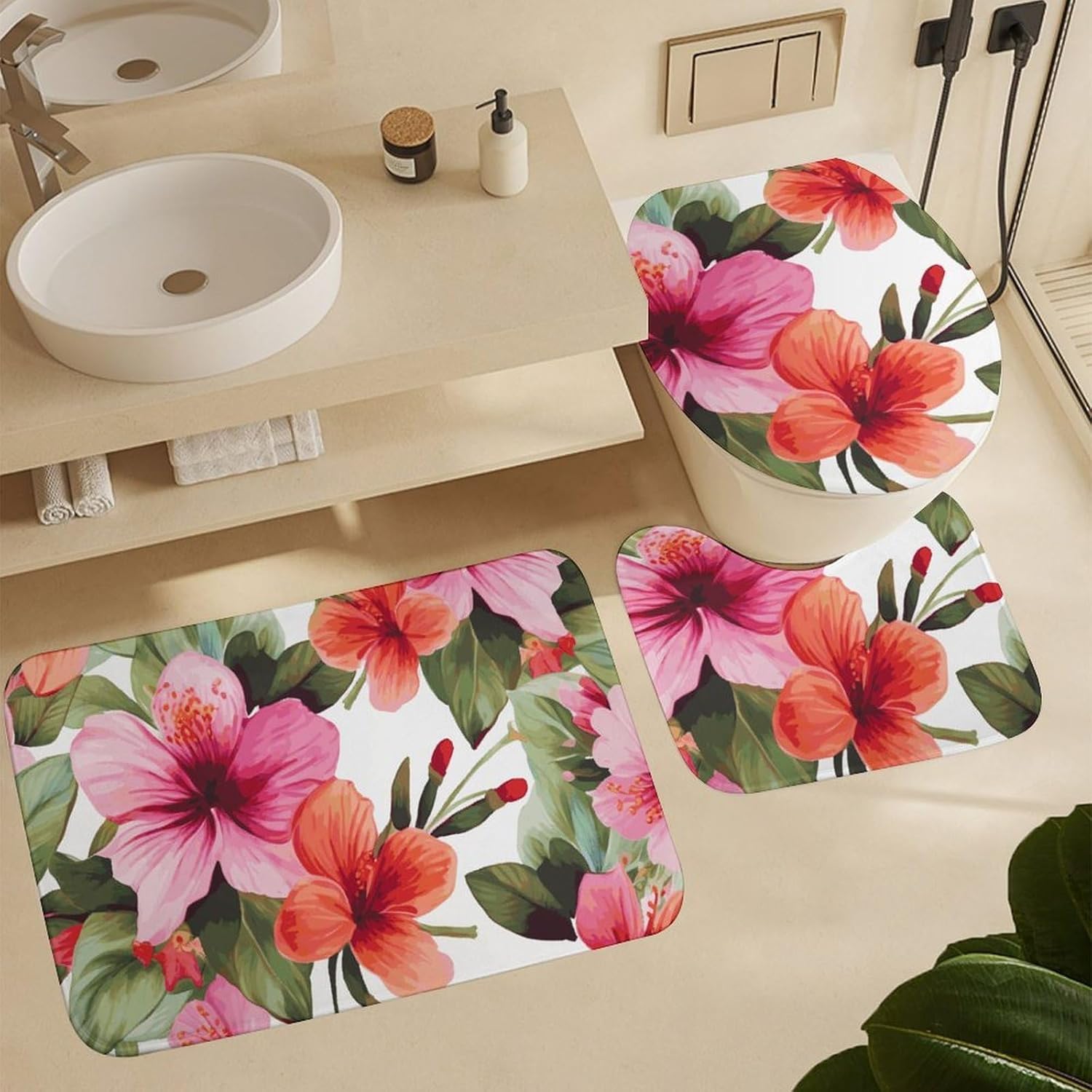 Hawaiian Flower Print Shower Curtain Set 4 Piece, Non-Slip Bath Mat with Toilet Lid Cover and Waterproof Shower Curtain with 12 Hooks, Complete Bathroom Set for Home Decor