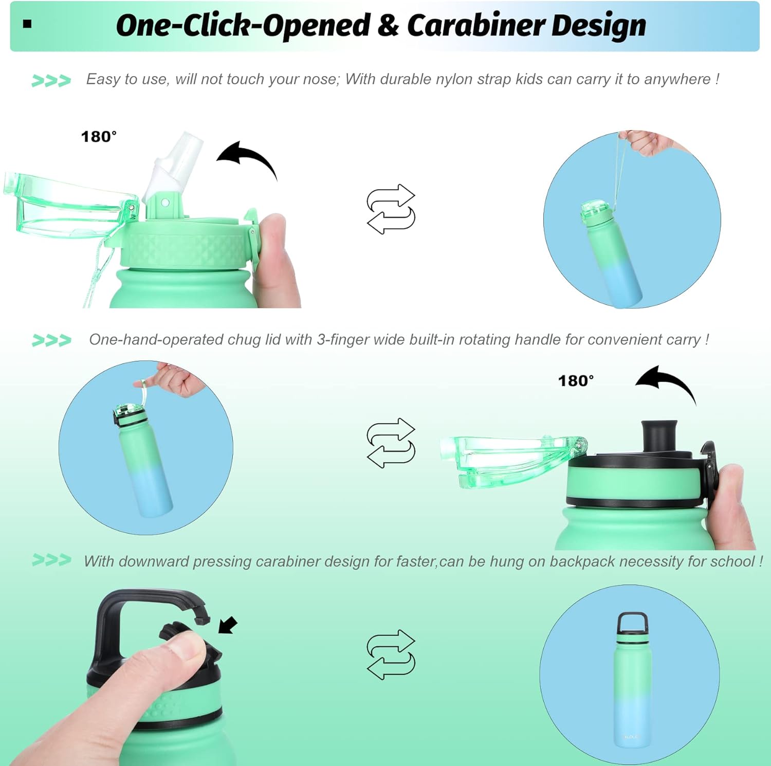 Oldley Insulated Water Bottle with Straw 20oz Stainless Steel Water Bottles with 3 lids Double-Wall Vacuum Thermal for Kids Adults School Sports,Light-Green-Blue - Image 3