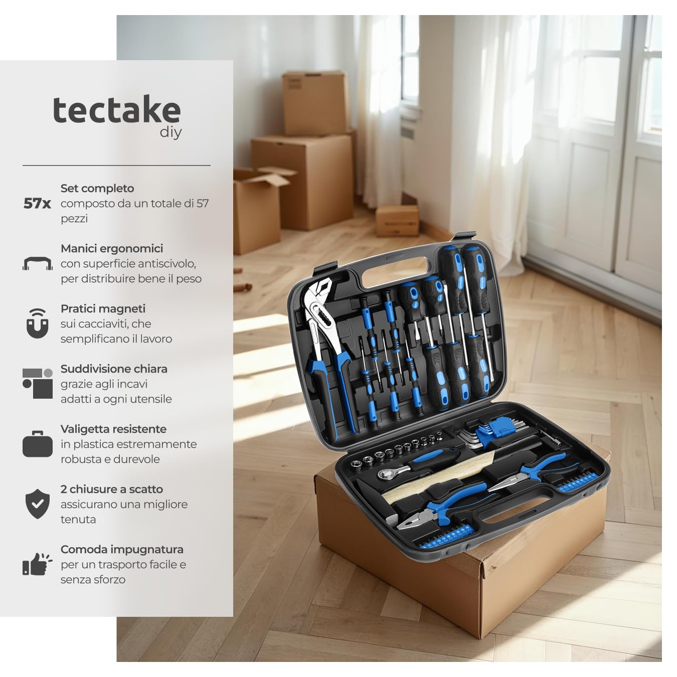 TecTake 402789 Valigetta portautensili con 57 pezzi | Solida attrezzatura di base | Ergonomici manici degli attrezzi