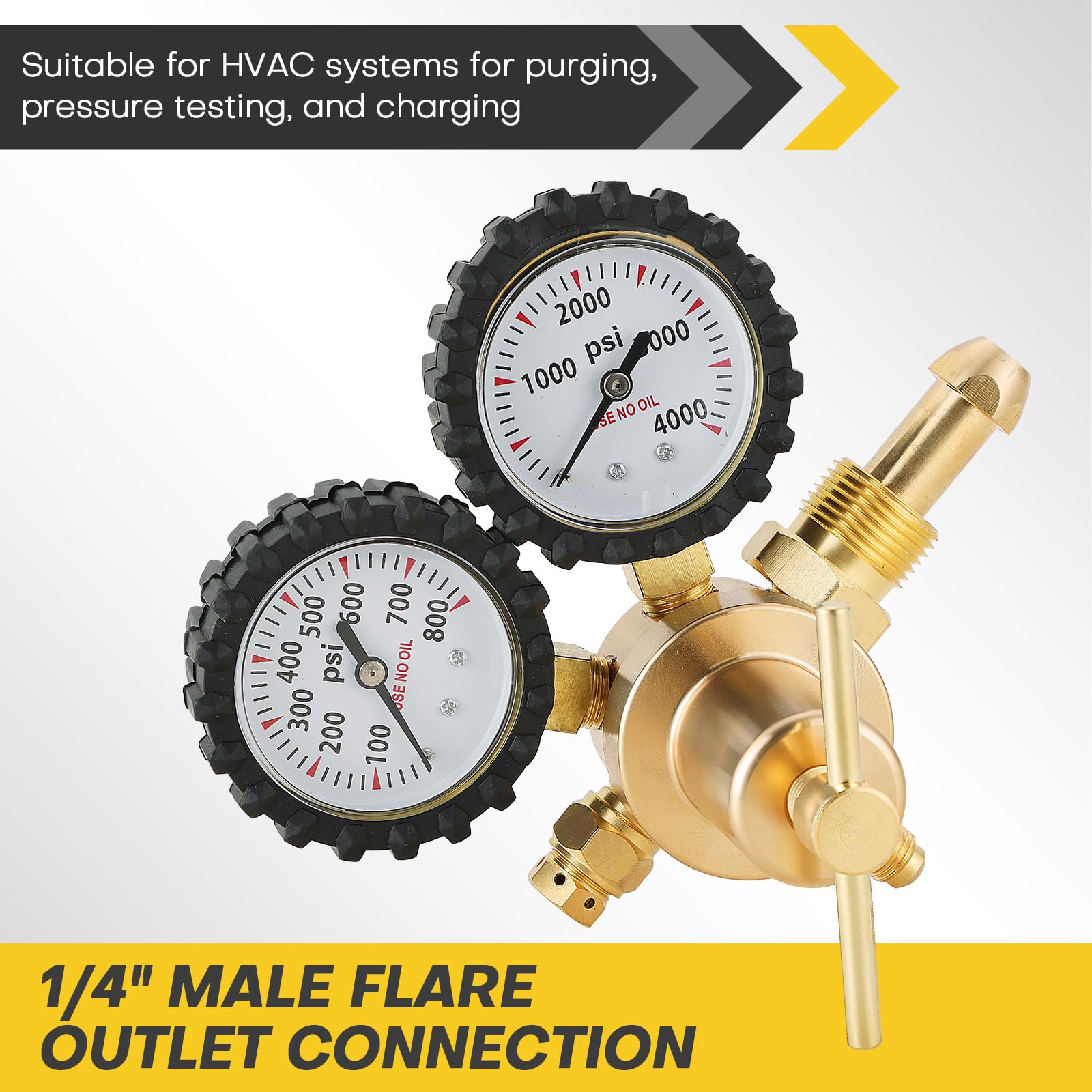 Kit regulador de gas nitrógeno con doble calibre, rango de presión de entrega de 0-800 PSI, conexión de salida macho de 1/4 pulgadas y entrada CGA580, con manguera de 6.5 pies, ideal para HVAC