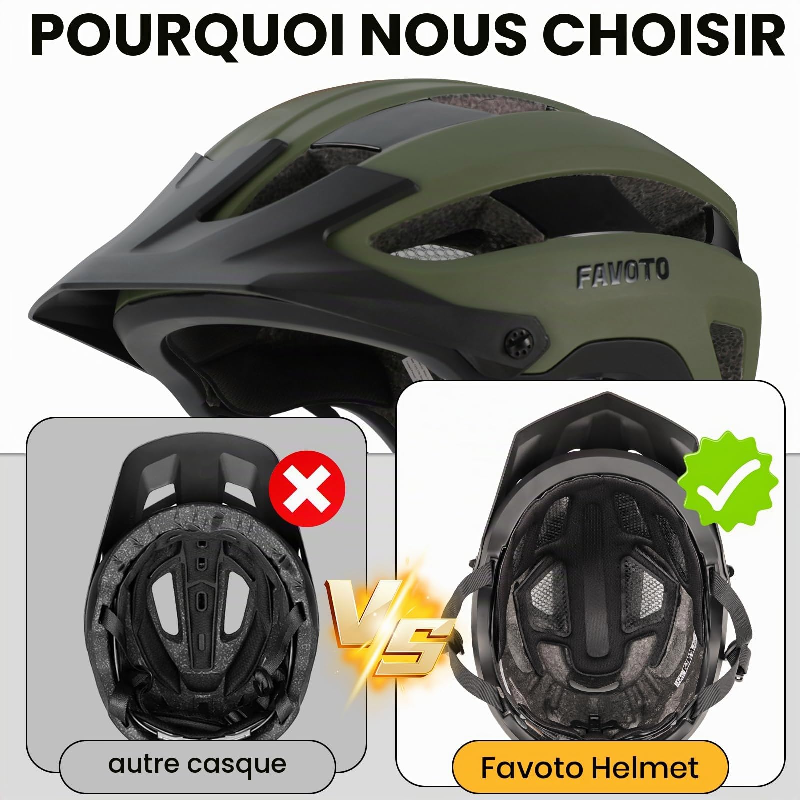 Favoto Casque de vélo de Montagne léger pour Adulte - Casque de vélo de Route réglable pour Homme et Femme - Design Triple Coque - Certifié CE
