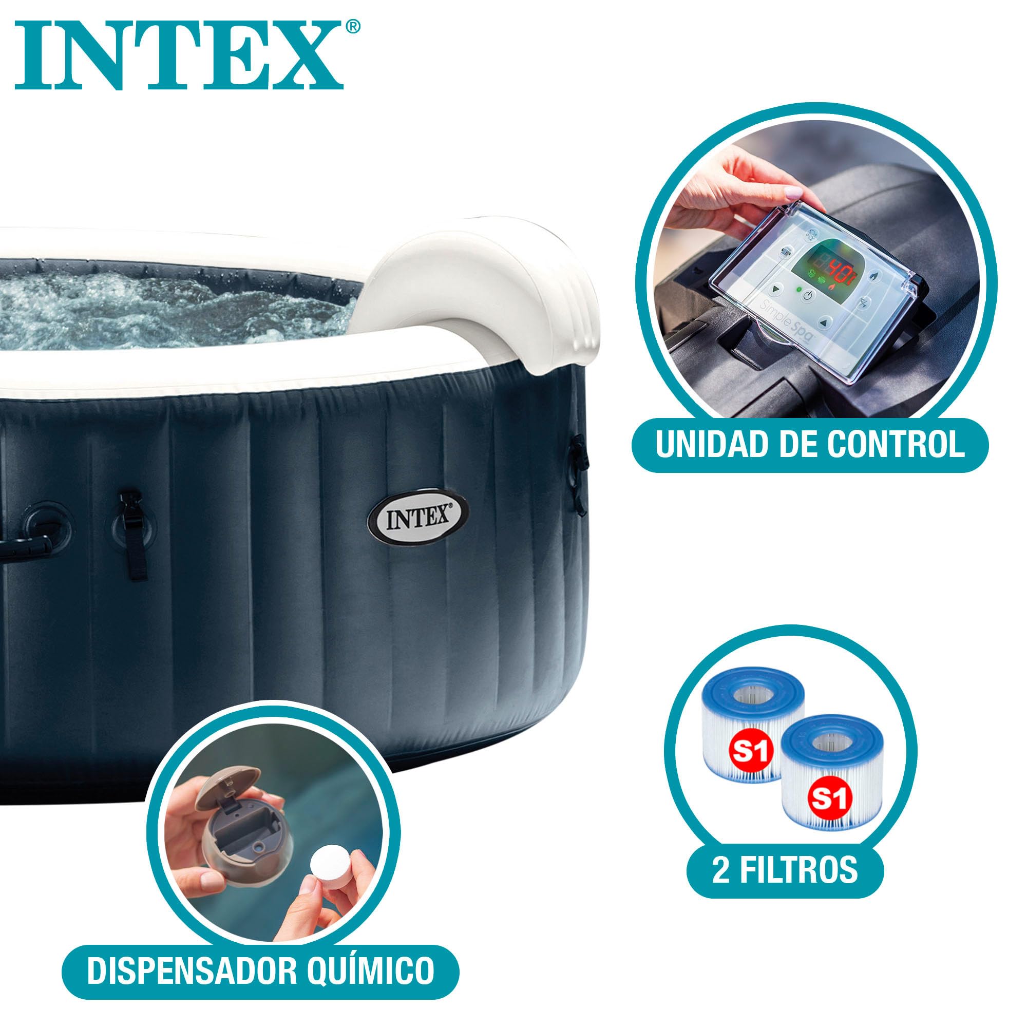 Intex SPA Hinchable Circular, 6 Personas, Ø216x71, Calentador hasta 40ºC, 170 Salidas de Burbujas, Suelo térmico, Depuradora Filtro S1, Accesorios incluidos (55089)