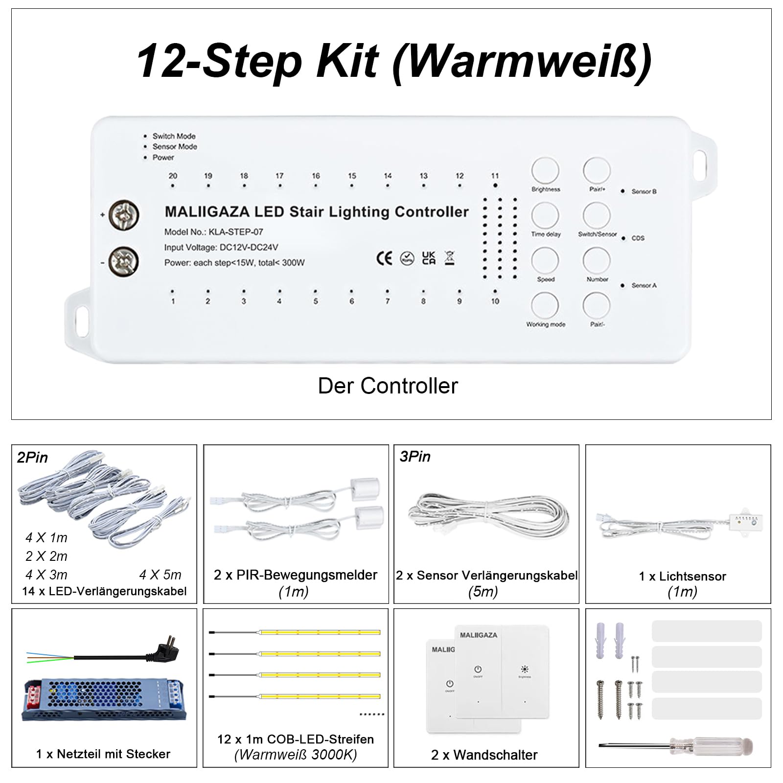 Éclairage d’escalier Intelligent LED, 12 marches, détecteur de Mouvement PIR, kit LED COB 3000K, éclairage Automatique pour escalier intérieur