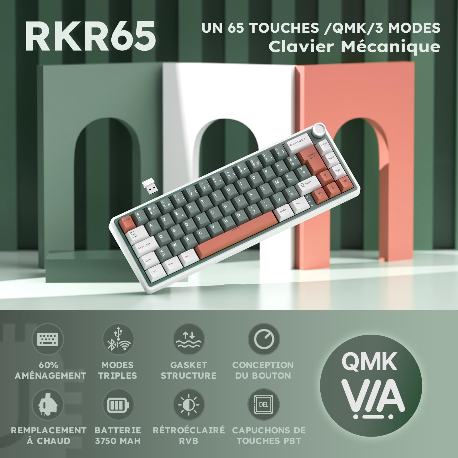 RK ROYAL KLUDGE R65 Clavier Mécanique 60% sans Fil | AZERTY FR, QMK/Via, Hot-Swap, Gasket Mounted, Gamer Tri-Mode Bluetooth/2.4G/USB-C, RGB, PBT Keycaps, Creamy Switch