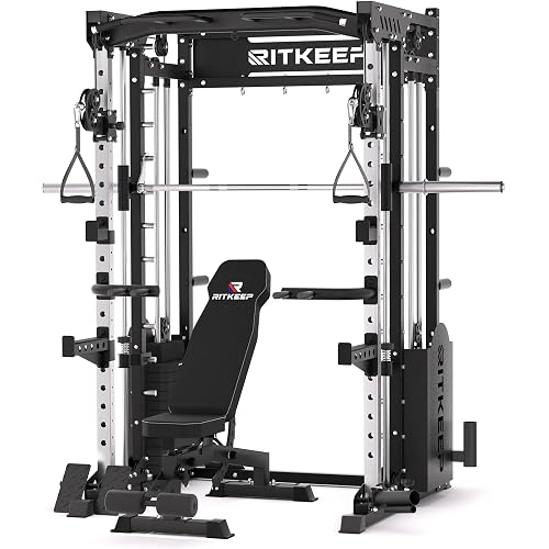 RitKeep Smith Machine with 320LB Weight Stack & Pulley System for Home Gym | 6-in-1 Heavy-Duty Power Rack with LAT Pulldown System, 2000LB Capacity and 10+ Strength Training Attachments -PMAX-5600 Pro