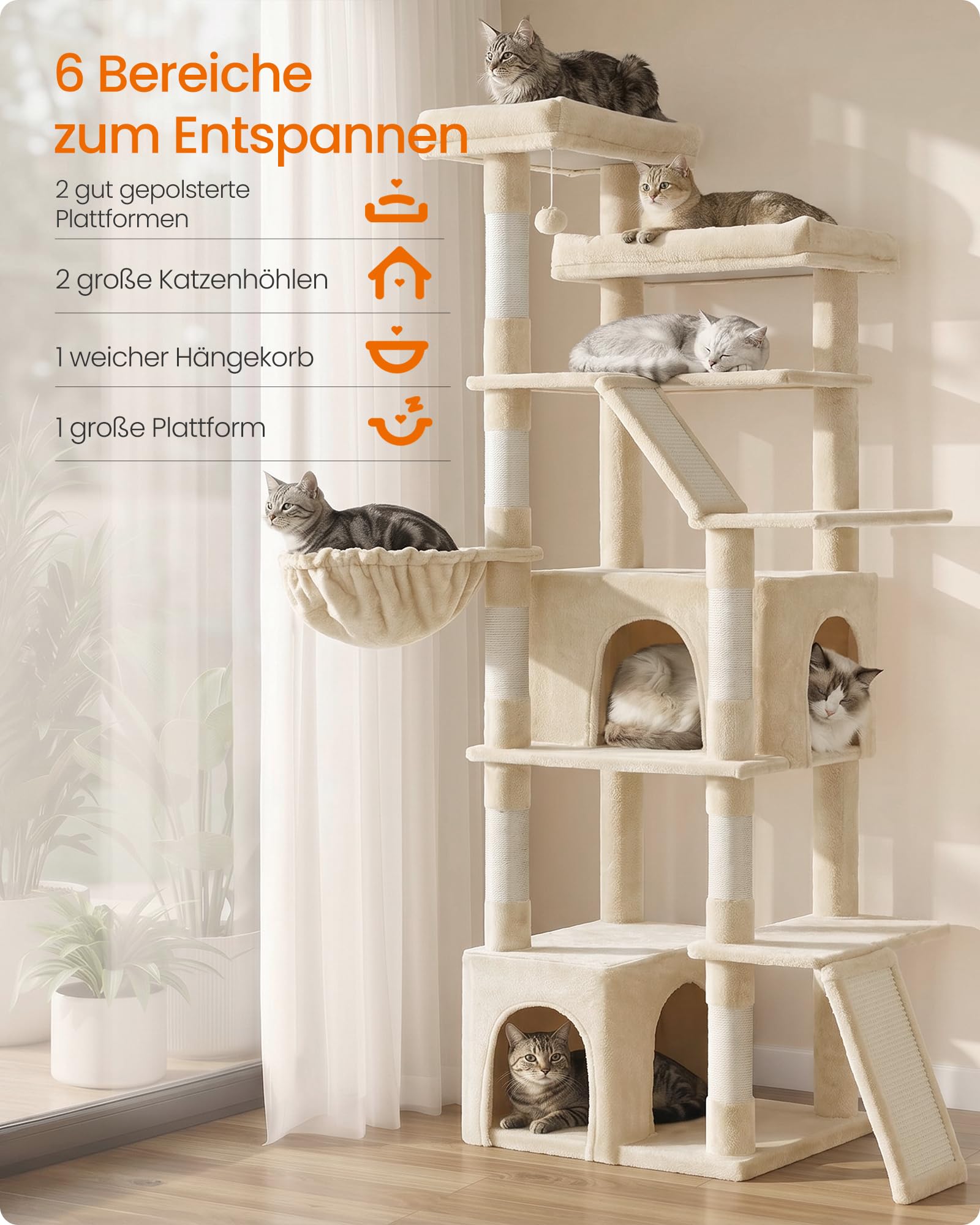 Feandrea Kratzbaum groß, 184,5 cm hoch, Katzenbaum, Katzenkratzbaum, mit 7 Kratzsäulen, 2 Kratzbrettern, 2 große liegefläche, 2 Höhlen, Hängematte, Plüsch, beige PCT014Y101