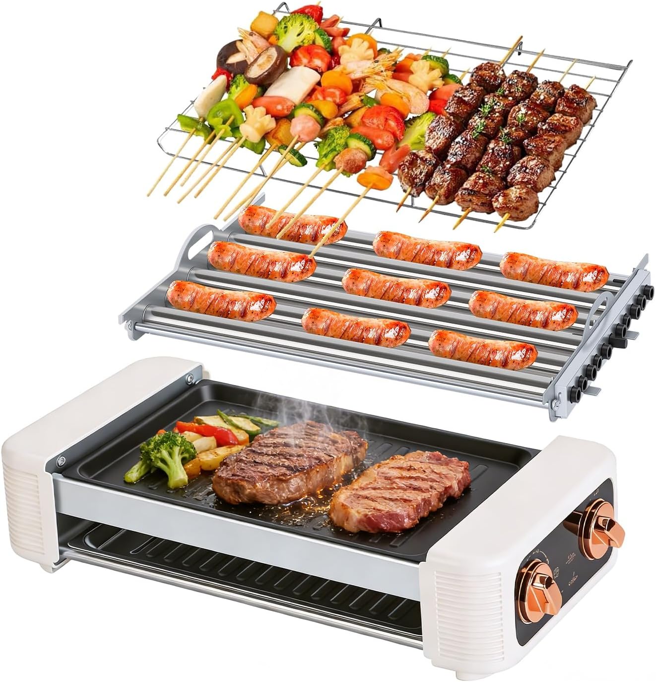3-in-1 Hot Dog Roller Electric–6-Roller Smokeless Non-Stick Hot Dog Cooker Machine with Grill & Griddle, 3 Temp Levels, Indoor Outdoor BBQ for Sausages, Skewers, Burgers, Vegetables