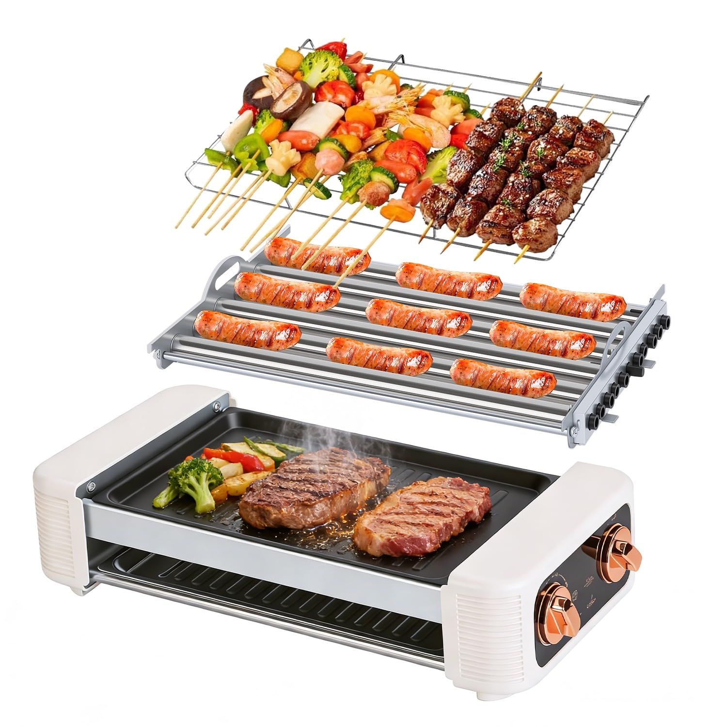 KOCASO 3-in-1 Electric Hot Dog Roller with Grill & Griddle – 6-Roller Smokeless Non-Stick Cooker, 3 Temp Levels (176–482°F) for BBQ Sausages, Skewers, Burgers, Veggies – Indoor/Outdoor Use