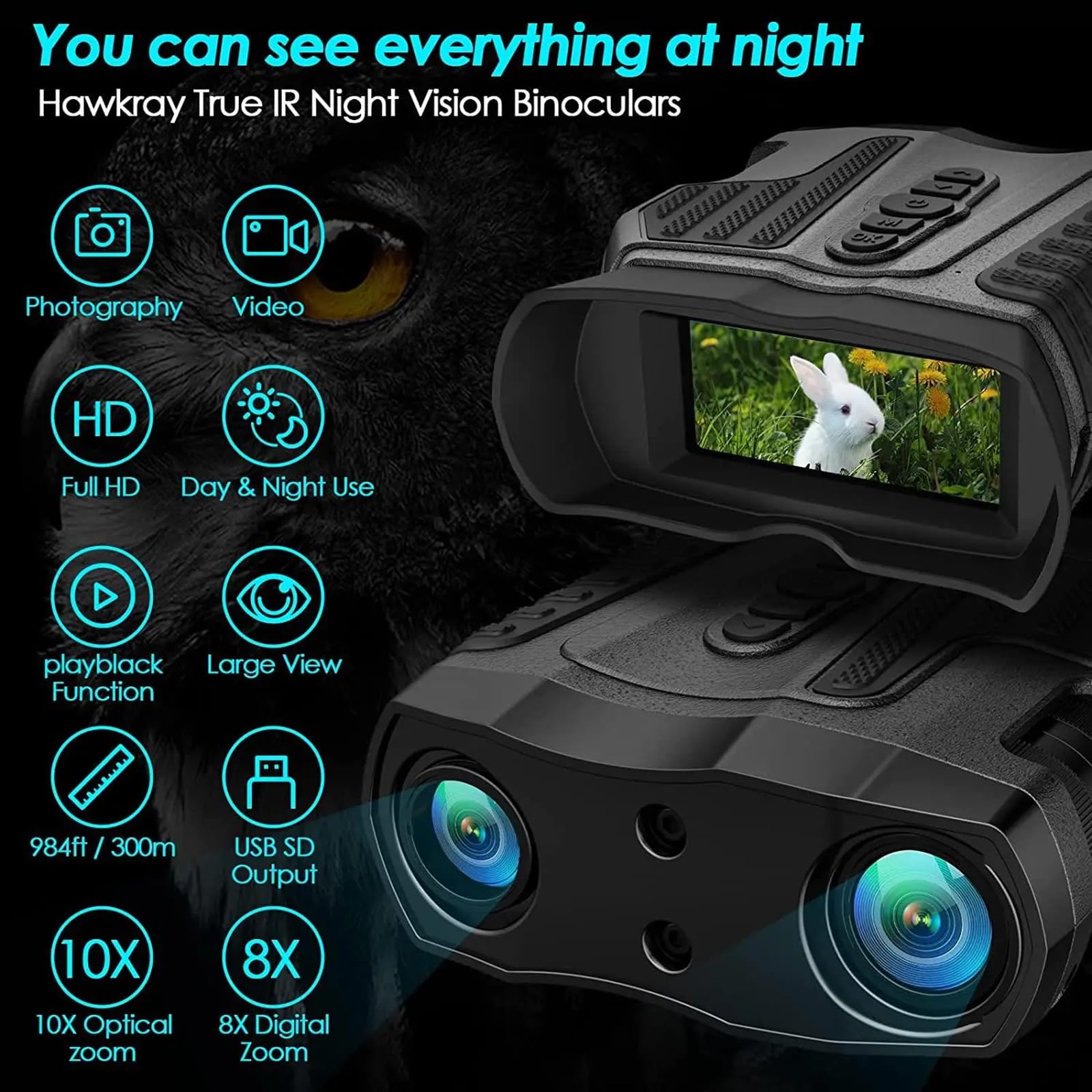 HMWOKPOT Night Vision Binoculars, Night Vision Goggles for Adults, NVG with 3.2'' Screen - 10X Optical Zoom, 8X Digital Zoom