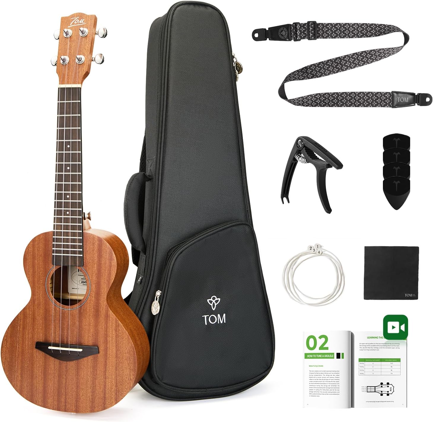 tom 23" sapele concert ukulele – includes quick locking strap on ukulele beginner kit, ukelele for professional adults, beginner & kids, rich tone with d’addario strings, (23" concert)