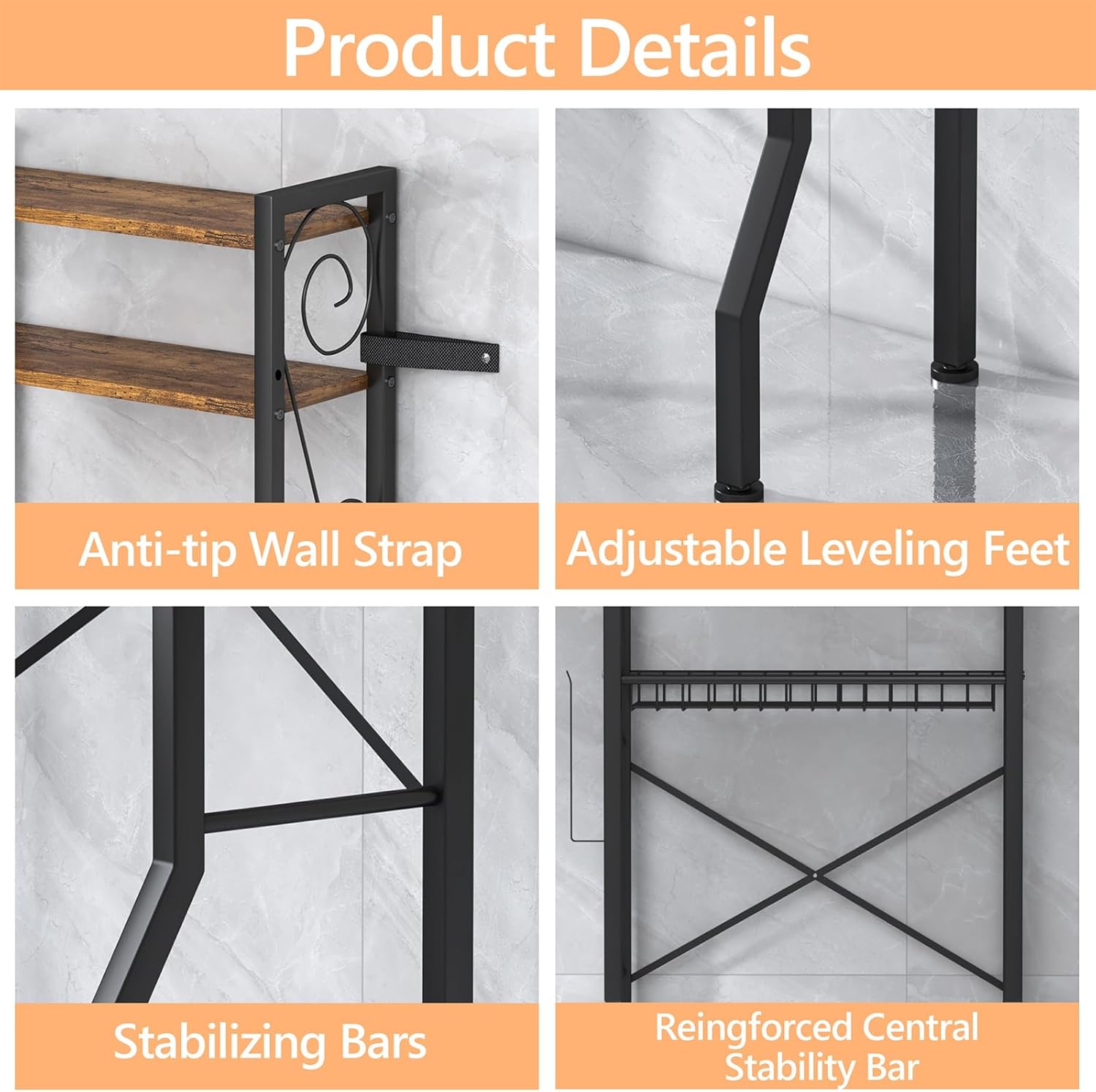 Aduanbang Over-The-Toilet Storage Shelves, 4-Tier Bathroom Organizer with Adjustable Feet Pad and Basket, Freestanding Space Saver (Rustic Brown)
