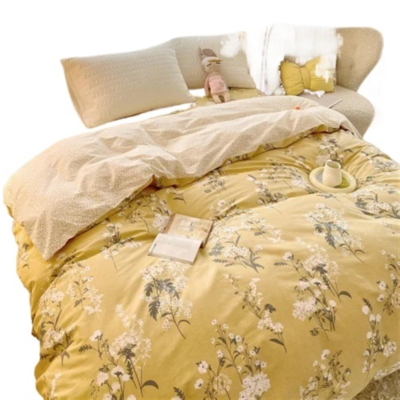 Housse de couette coton pur motif floral drap jaune lit double 230x250
