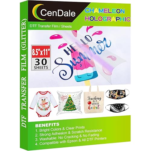 CenDale Holographic DTF Transfer Film - 8.5"x11" 30 Sheets Chameleon Holographic DTF Film for Sublimation Hack, Direct to Film Printing on All Fabric T-shirt Textile, Cold Peel DTF Paper for Christmas