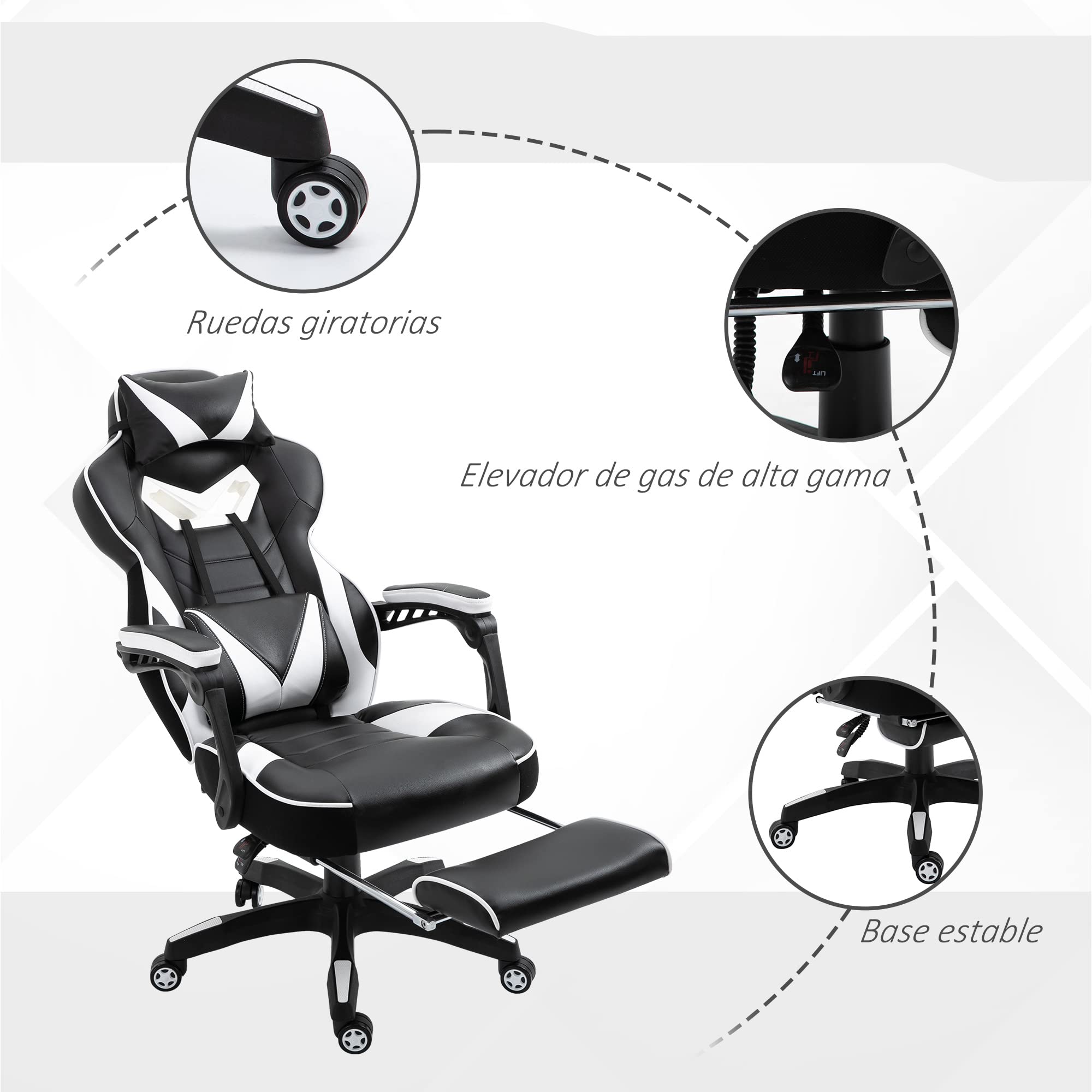 Vinsetto Silla Gaming Regulable en Altura 65x70x118,5-128,5 cm Blanco | Ergonómica, Silla de Escritorio de Oficina, Respaldo Reclinable, Reposapiés, Reposacabezas, Cojín Lumbar, Ruedas