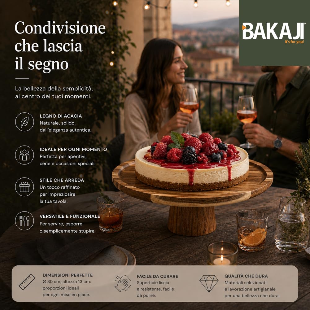 BAKAJI Alzatina per Dolci in Legno di Acacia Design Minimal, Vassoio da Portata Versatile Ideale sia per Torte che Aperitivi, Accessorio da Tavola per Bar, Casa, Ristorante, 30 x 13 cm