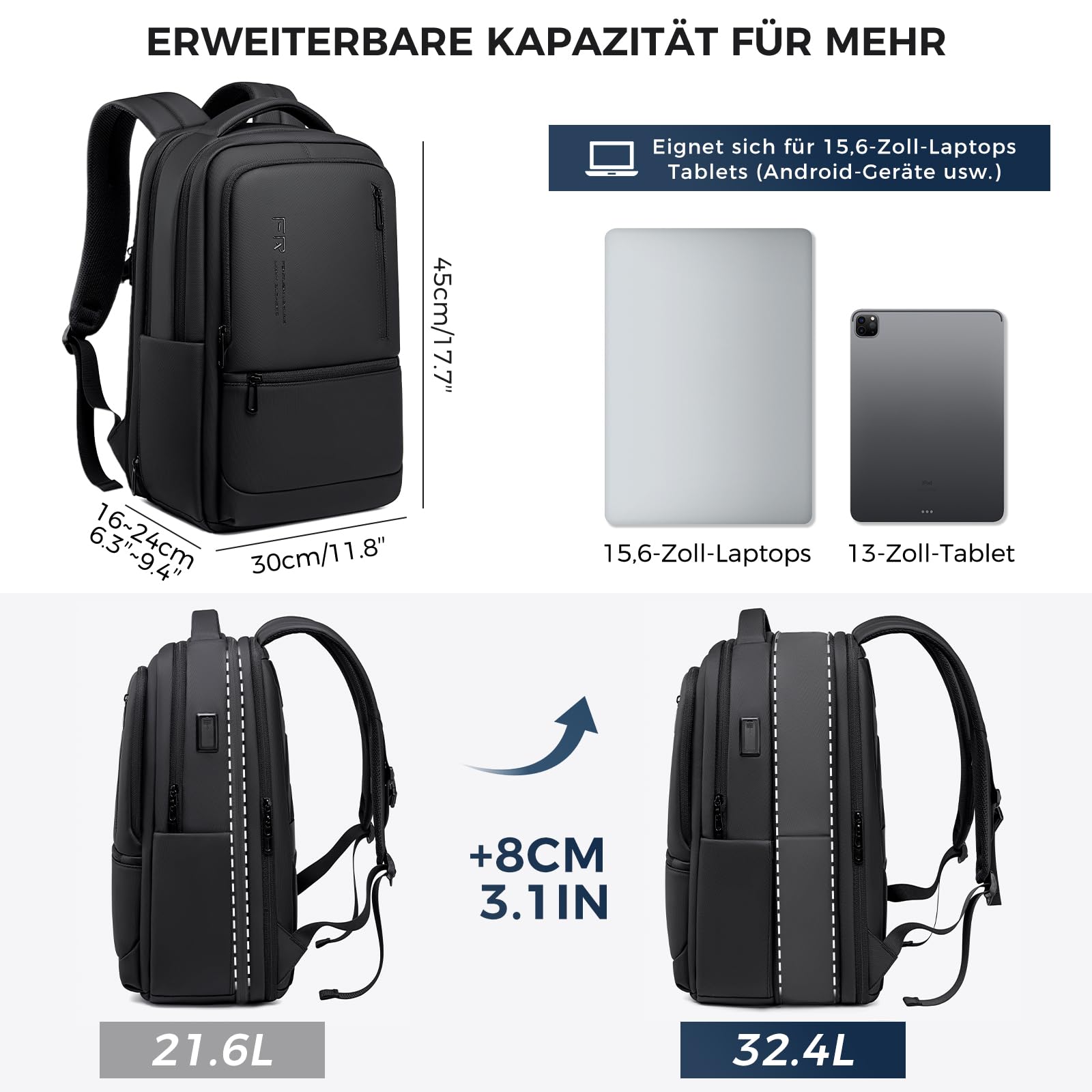 Fenree.geer 1800D Erweiterbarer Laptop Rucksack,Rucksack Herre 21,6L-32,4L | Wasserdich ,15,6 Zoll Reiserucksack, USB-Ladeanschluss,Laptoptasche für Herren und Damen Arbeit Reisen Rucksack