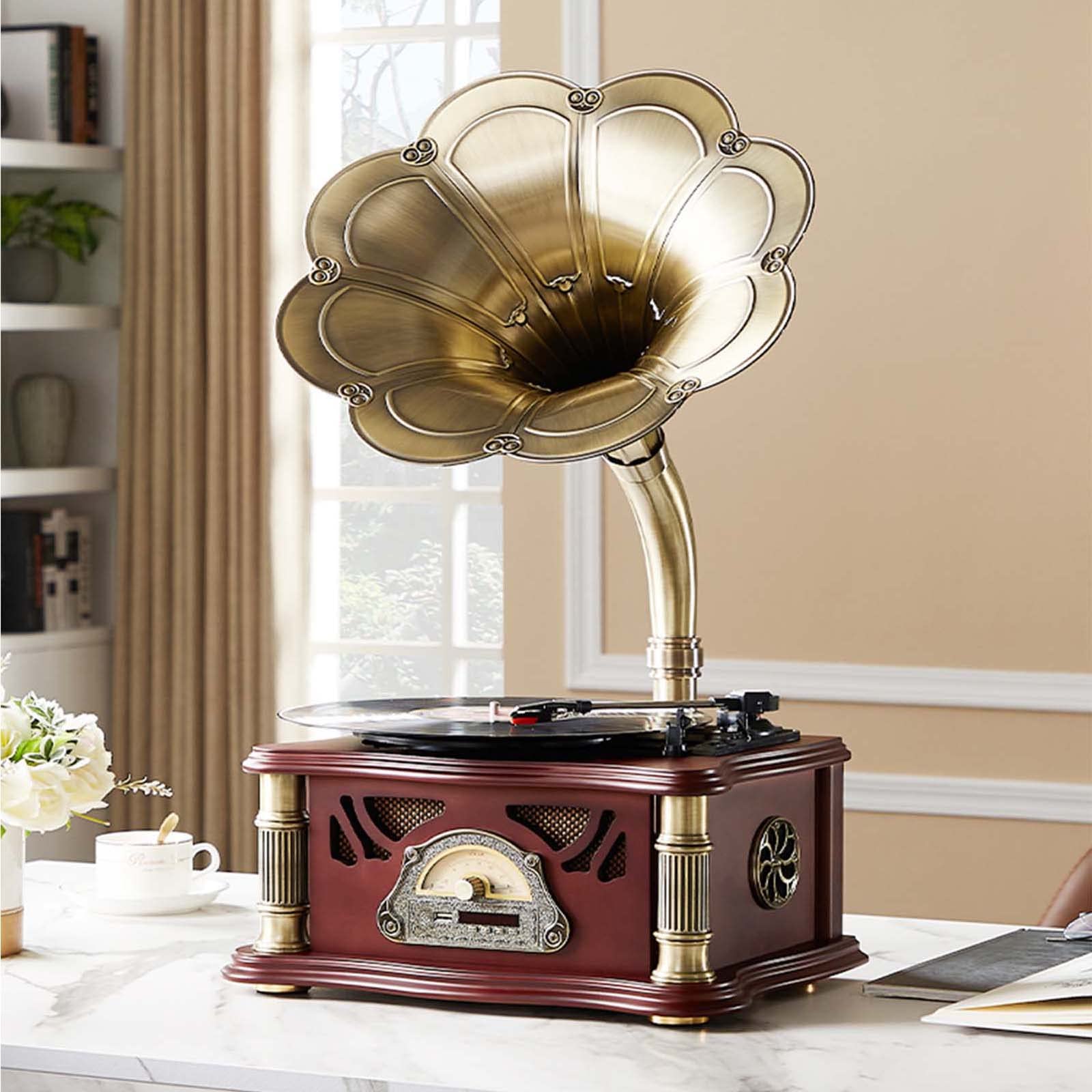 Giradischi Retrò Giradischi, Fonografo Classico In Alluminio, Giradischi In Vinile 33/45/78 Giri/min, Supporto 7"/10"/12"Dischi In Vinile, Clacson In Rame, Telecomando, Ingresso Aux-in/USB/F(Color:B)