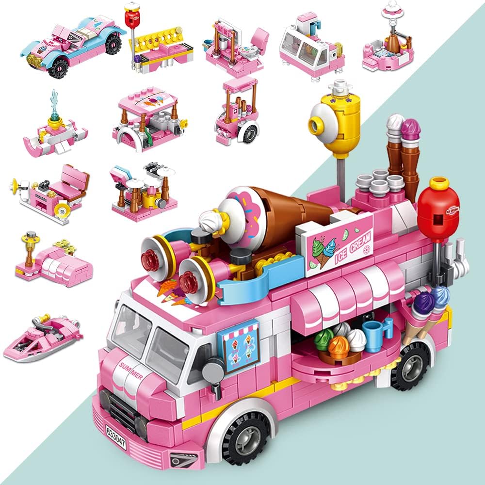 UlanlanGirls Building Blocks Toys 553 Pieces Ice Cream Truck Set Toys for Girls 25 Models Pink Building Bricks Toys STEM Toys Construction Play Set for Kids Best Gifts for Girls Age 6-12 and Up