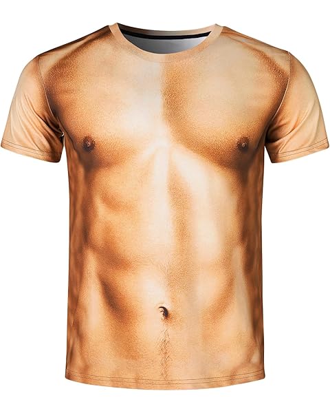 Goodstoworld Unisex 3D Fake Abs T Shirts Shredded Chest Printed Short Sleeve Costume Novelty Tees Shirt