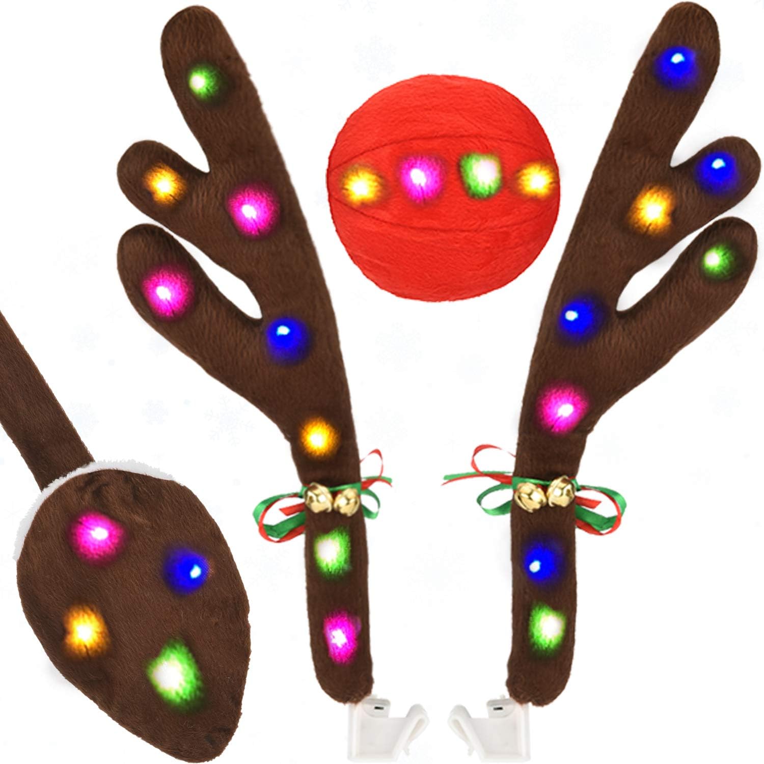 Kooboe Car Reindeer Antlers & Nose Decorations, Christmas Antlers Car Kit with LED Lights Jingle Bell Nose and Tail for Truck, Decorate Any Vehicle, Xmas Gift Set
