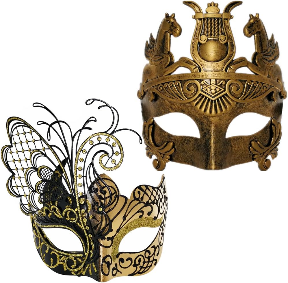 Ubauta Masquerade Couple Masks, Butterfly/Swan/Feather Venetian Women Mask & Greek Warrior Men Mask For Mardi Gras Party