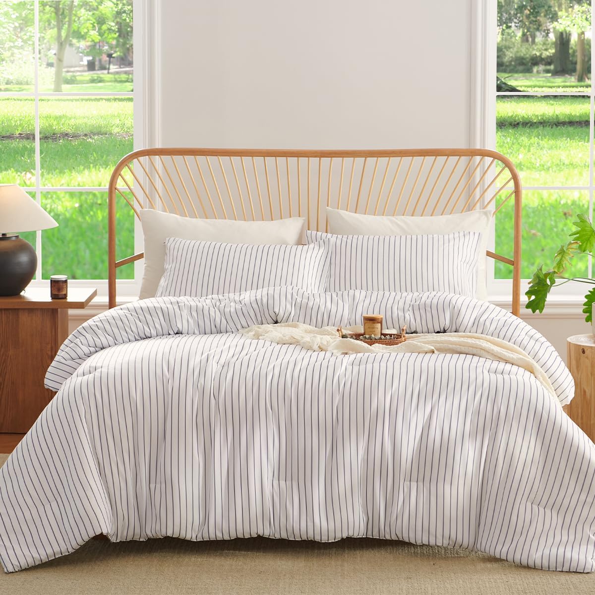 Striped Comforter Set Queen Size Light Tannish Grey White Stripes Bedding Set for All Season, 3 Pieces Lightweight Bedding Comforter Sets with 2 Pillowcases
