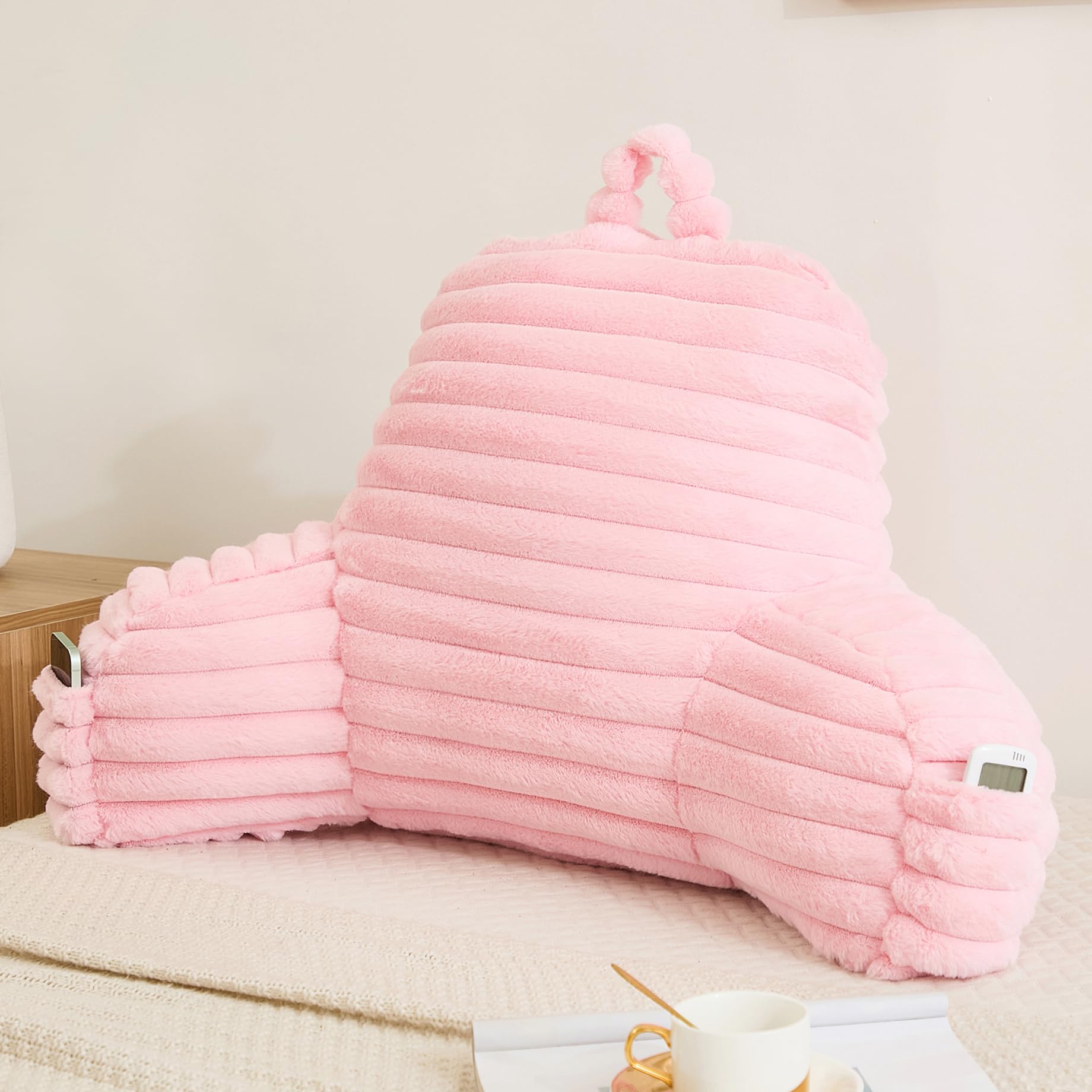 Flauschiges rosa Lesekissen aus Kunstfell mit Taschen, luxuriöses gestreiftes Plüsch, dekorativ, Armlehnen und Rückenstütze für Bettruhe, Faulenzen auf dem Sofa, extra große Größe für