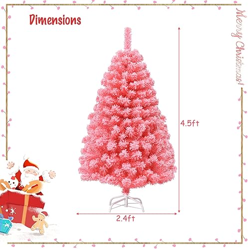 Miniatura 7 de Happygrill Árbol de Navidad rosa, árbol de decoración de Navidad de 4.5 pies con 348 puntas de PVC flocadas de nieve y soporte de metal, árbol