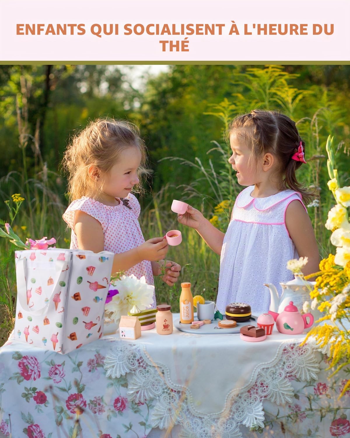 Jouets alimentaires en bois pour enfants avec crème glacée, boissons, tasse, théière et sac de rangement, service à thé pour filles, cadeau pour anniversaire, Noël, Halloween et Pâques
