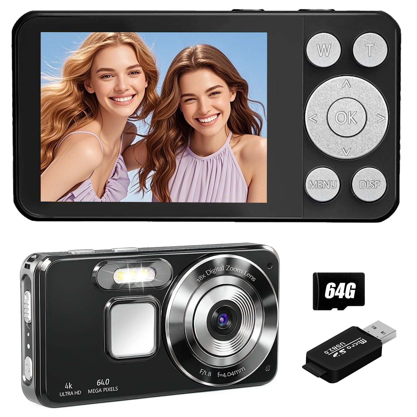 OBEST Appareil photo numérique 4K 64 Go, 64 MP, autofocus, avec écran LCD 2,8", zoom numérique 18x, mini appareil photo portable 2000 mAh pour adolescents, adultes et débutants
