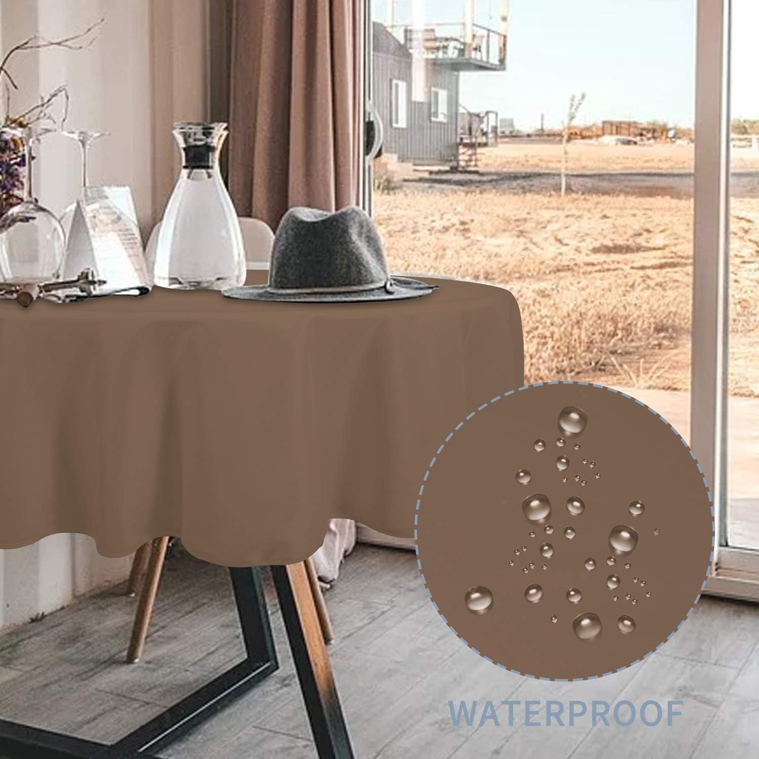 Easy-Going Round Waterproof Tablecloths R90 inch Camel Spillproof Fabric Tablecloth, Decorative Fabric Table Cover, Great for Buffet Table, Parties, Holiday Dinner, Wedding & More
