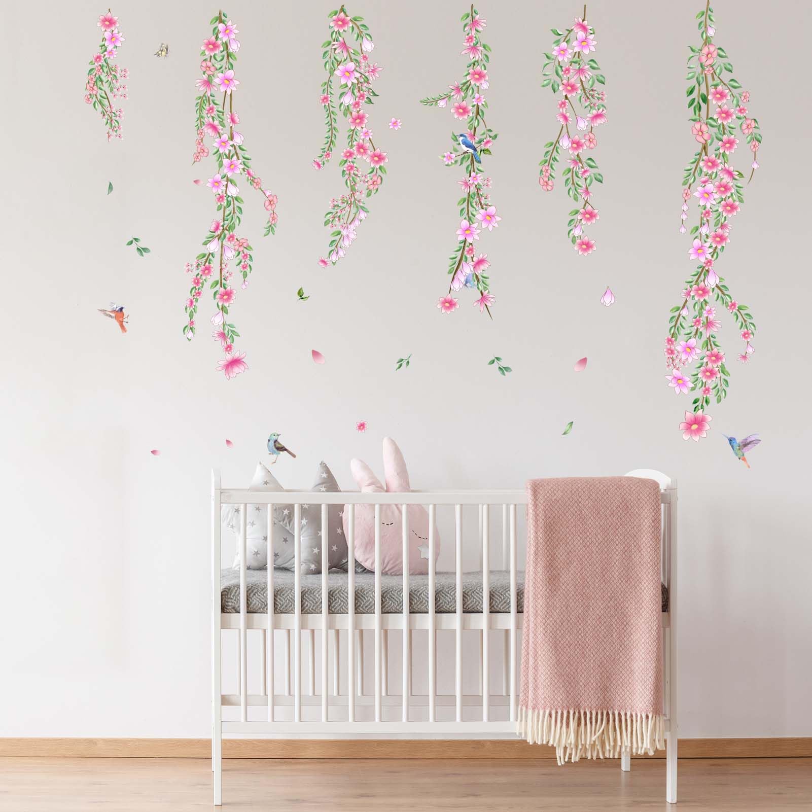 PinkEleph Hanging Vines Flower Wall Decals, Cherry Blossom Tree Branch Floral Birds Wall Stickers - Image 2