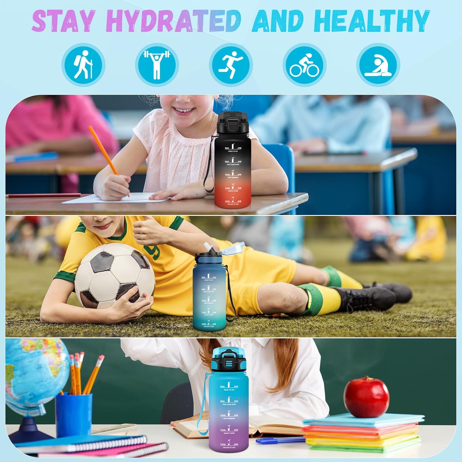 Grsta Water Bottle, 500 ml Children's Drinking Bottle, Water Bottle with Straw, Easy to Clean, Leak-Proof, Water Bottle Time Marking, Water Bottle for School, Travel, Camping, Blue/Purple