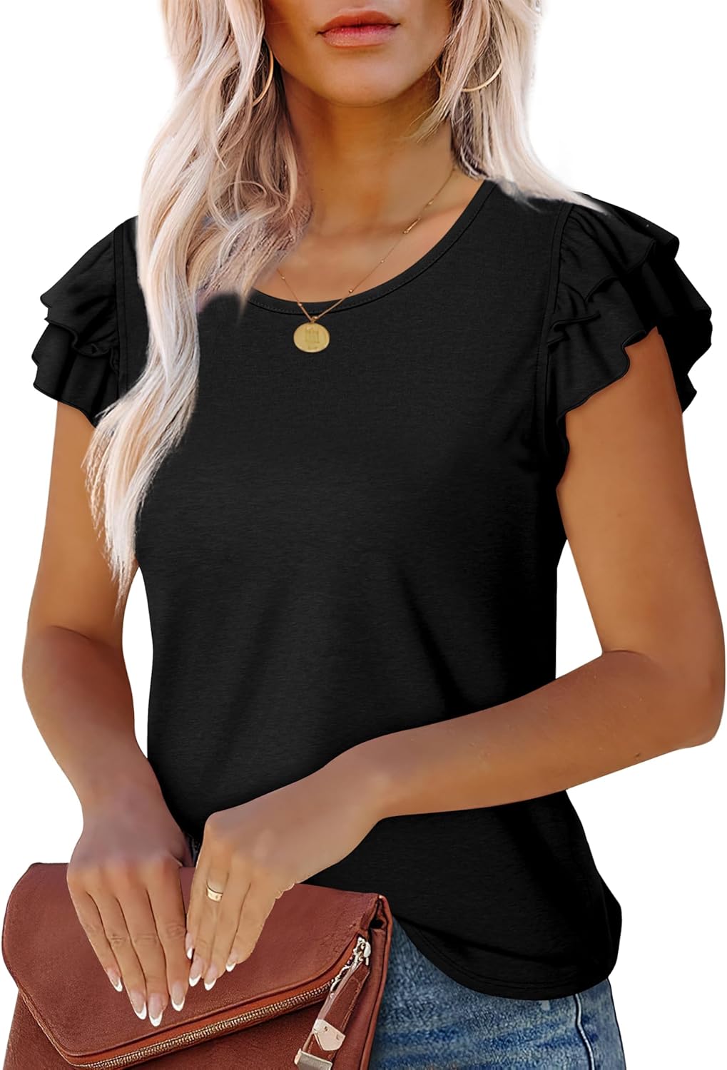 WEESO Womens T Shirts Ruffle Short Sleeve Summer Tops Cute Crew Neck Casual Blouses