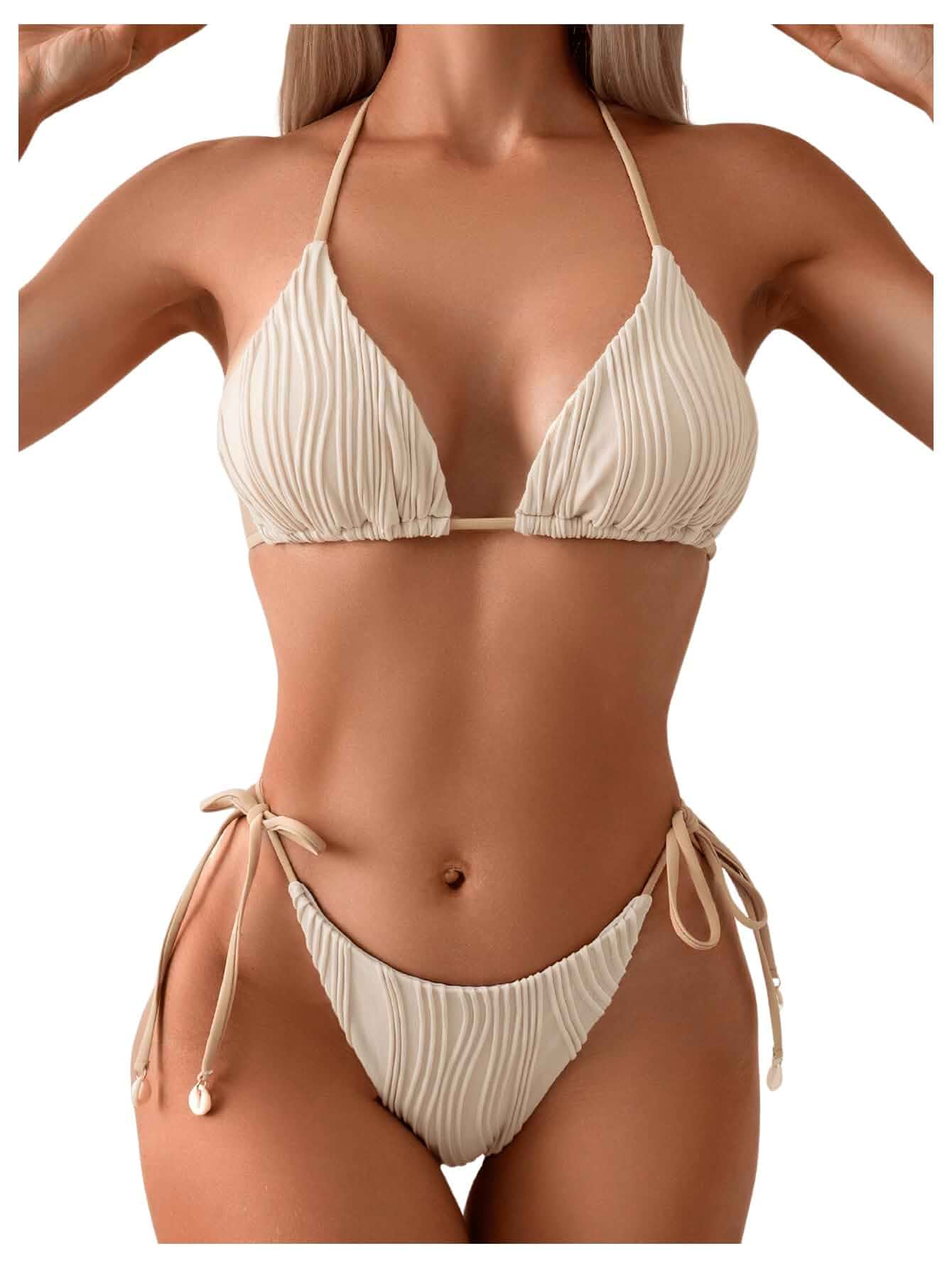 WDIRARA Women's Textured Halter Bikini Set Tie Side String Swimsuit | Triangle Thong, Bathing Suit
