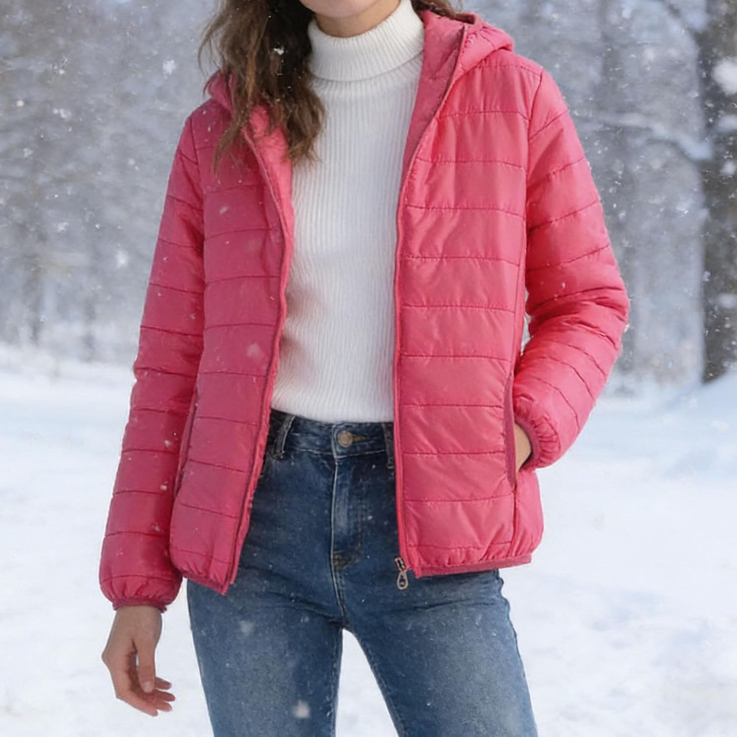 Women's Hooded Puffer Jacket Lightweight Quilted Padded Coat Pockets Cropped Down Coat Zip-up Winter Warm Outerwear