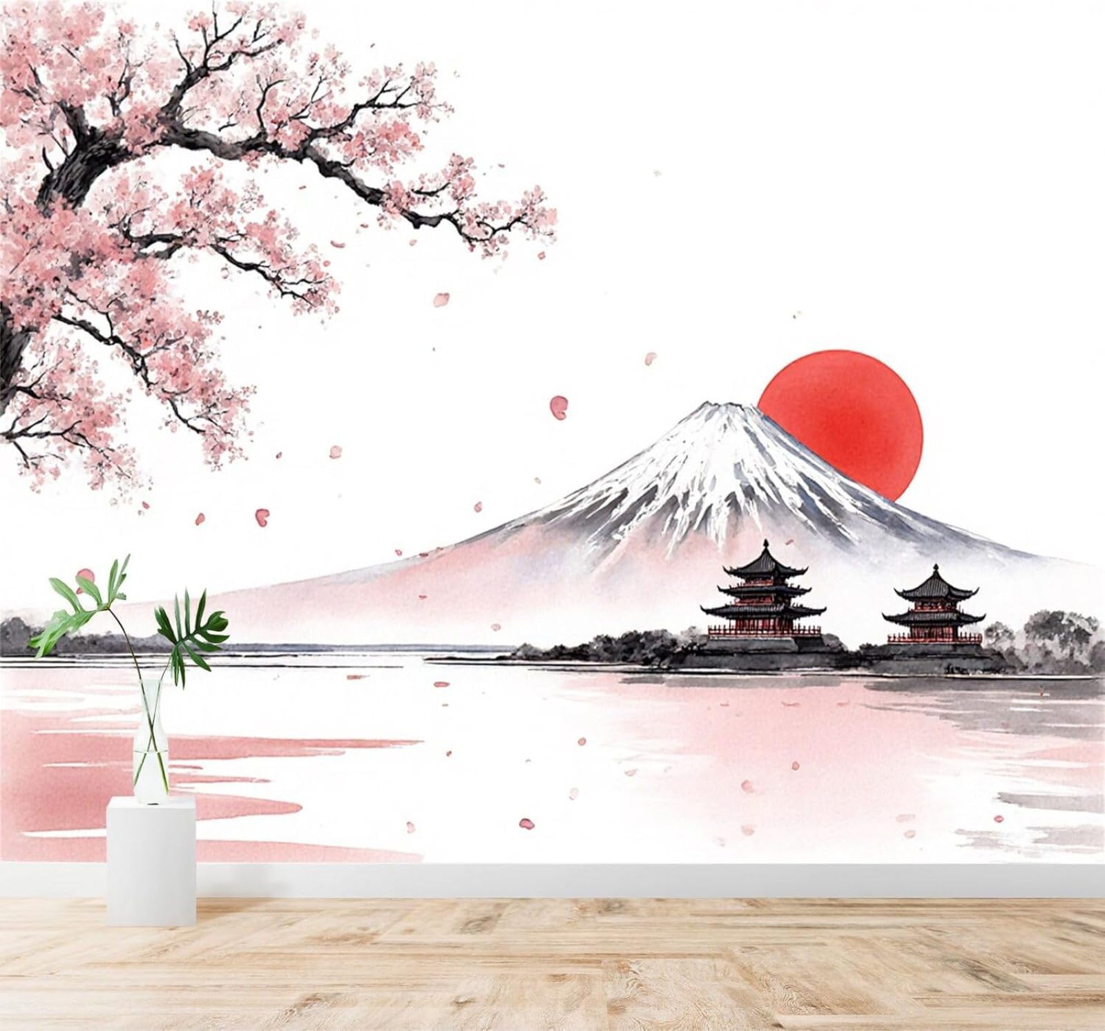 XLMING Cherry Blossoms Mountain Peaks Architecture Lakeside Red Sun 3D Wallpaper Silky Texture Home Study Office Grey Dining Room Sofa Bedroom Living Room TV Backdrop-250cm×170cm