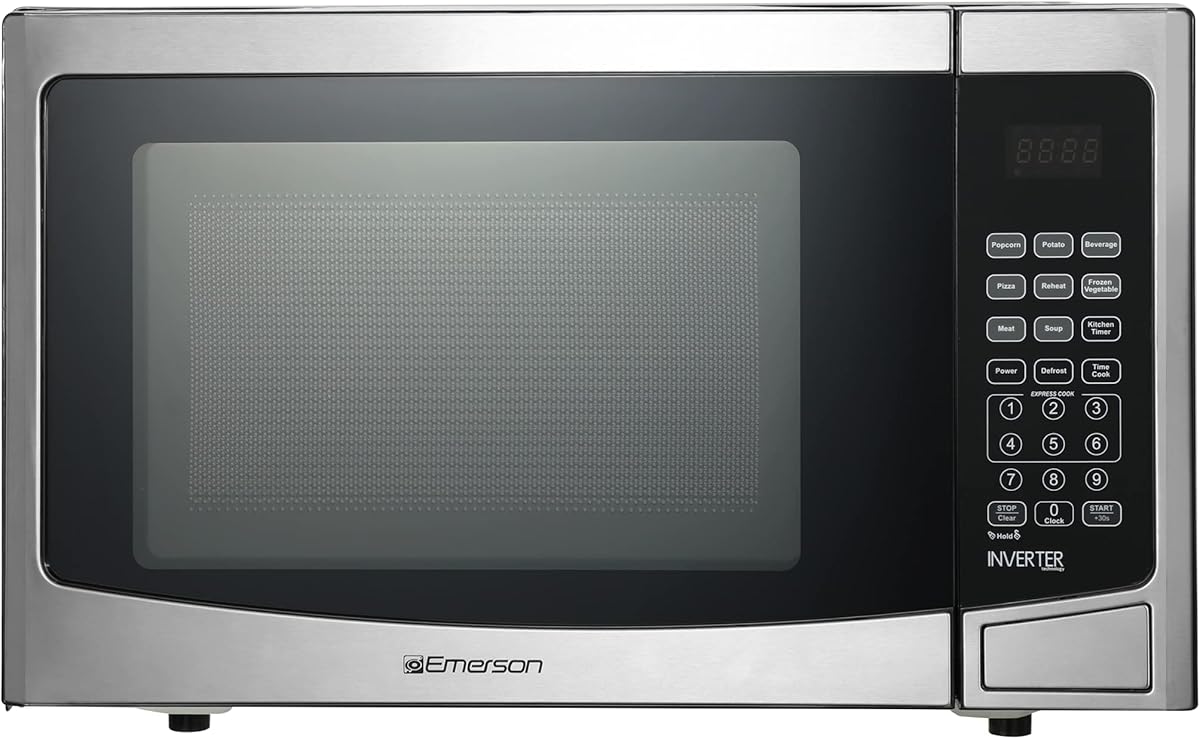 Emerson MWI1212SS Countertop Microwave Oven with Inverter and Button Control, LED Display 1000W 10 Power Levels, 8 Auto Menus, Glass Turntable and Child Safe Lock, 1.2 Cu. Ft, Stainless Steel