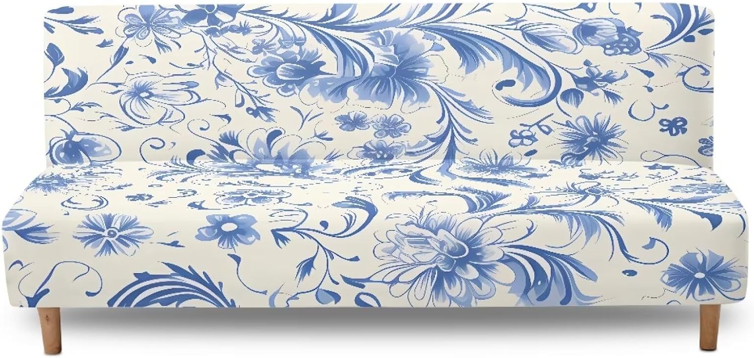 Merkmak Chinoiserie Floral Futon Cushion Cover Elastic Armless Couch Cover for Chair Sofa Bed Futon Slipcover Stylish Furniture Protector for Bedroom Living Room Hotel Decoration