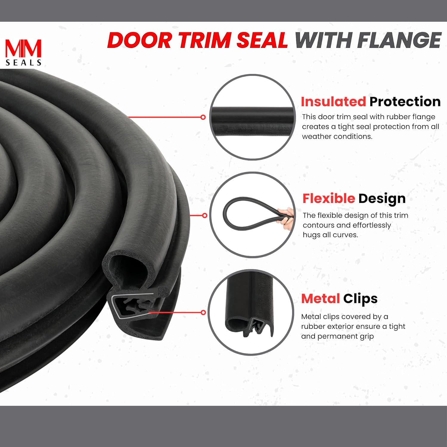 Door Trim Seal with Internal Rubber Flange 45/64" Bulb Diameter X 0.039"-17/64" Grip Range X 21/32" U Height (50 Feet)