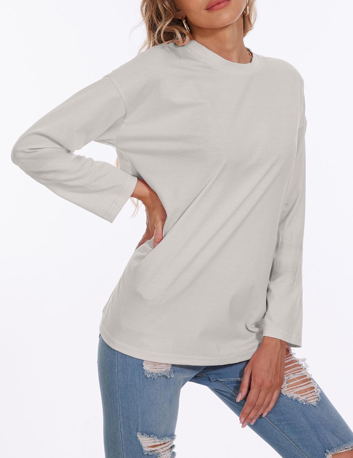 Womens Tunic Top Oversized Crew Neck T Shirts Loose Long Sleeve Comfy Cozy Cotton Lounge Blouses - Image 2