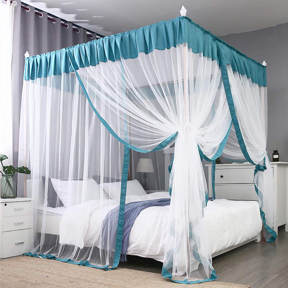 Elegant Bed Canopy Curtains, Color Stitching Ruffle Princess 4 Corner Post Canopy Netting, Bed Canopy for Girls Adult Kids Toddlers Crib, Bedding Décor (Queen, Lake Blue)