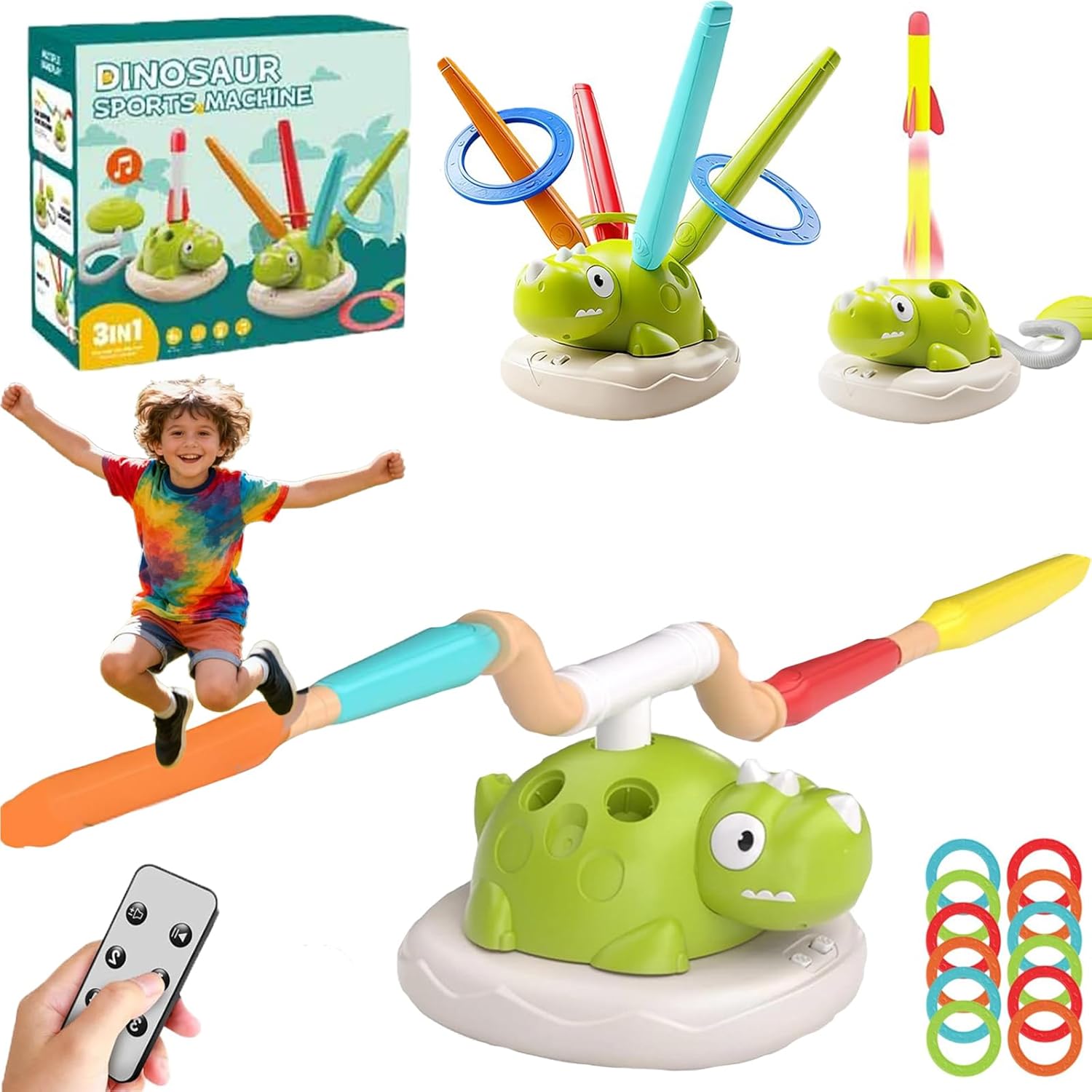 Amazon.com: 3-in-1 Dinosaur Rocket Launcher,Ring Toss & Musical Jumping ...