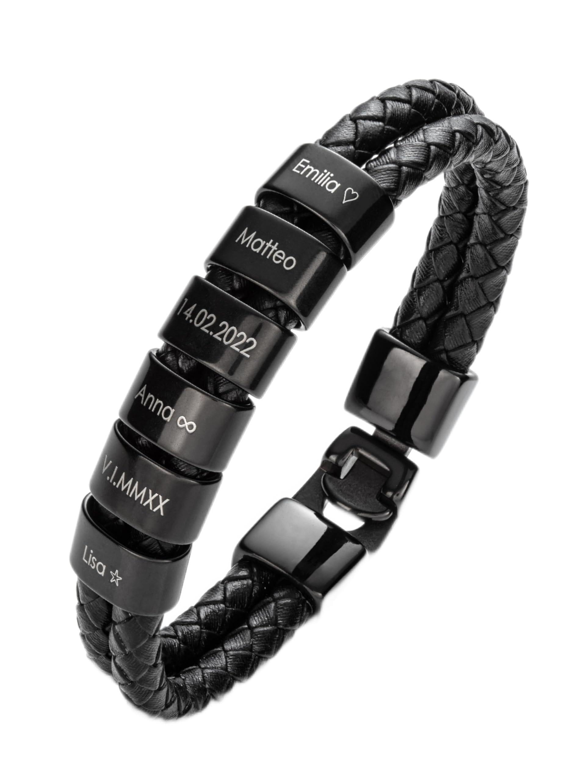 MYCLUSIV Pulsera negra para hombre con grabado de piel, joyas personalizadas, regalos personalizados para hombres, pulsera con nombre, acero inoxidable