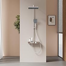 EMKE Thermostatic Shower Column, 1125 x 460 x 360 mm, Rain Shower, 3 Functions Hand Shower, Adjustable Height 812-1140 mm, Chrome, Copper Body and Glass Panel, Modern Design