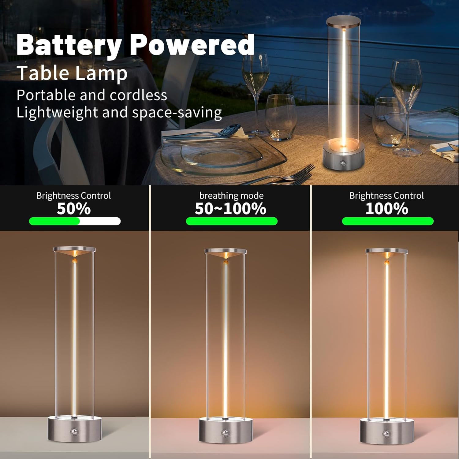 Mini Minimalist Tabe Lamp with Breathing Effect, Cordless LED Desk Lamp Rechargeable Modern Night Lights Portable Lamps for Gaming, Bedroom, Living Room, Kitchen, Bar, Restaurant (Sliver)