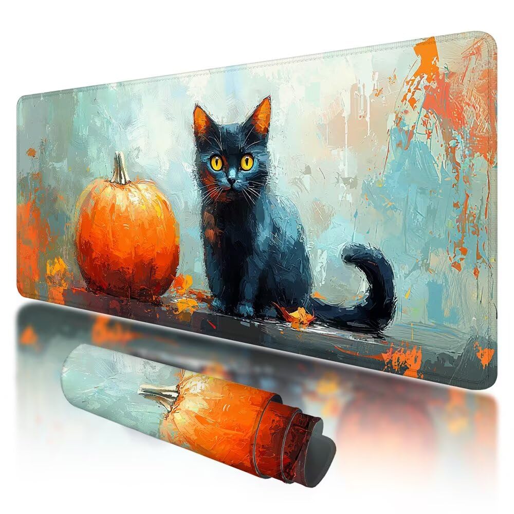 Podkładka pod mysz do gier, duża podkładka pod mysz XXL 1000 x 500 x 3 mm pod ręką kot ze zszytymi krawędziami, podkładka pod mysz do gier XXL, Halloween, wodoodporna, antypoślizgowa, do komputera