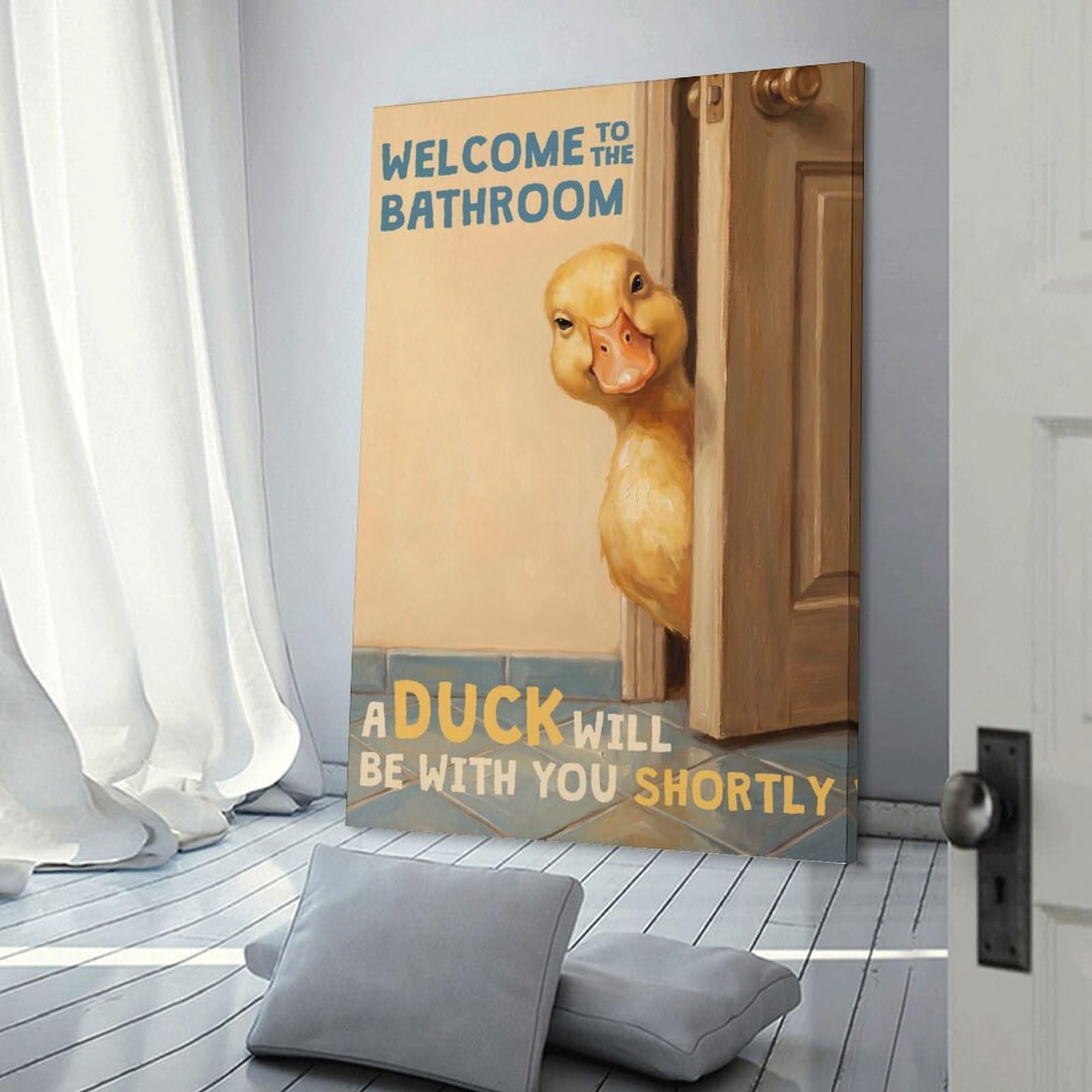 Junmoney Frame-Style-9 Welcome To The Bathroom Duck Home Decor Wall Art 24X36inch(60X90cm), For Bedroom, Guest Room Or Reading Nook, Decorative Wall Art For Cosy Rooms