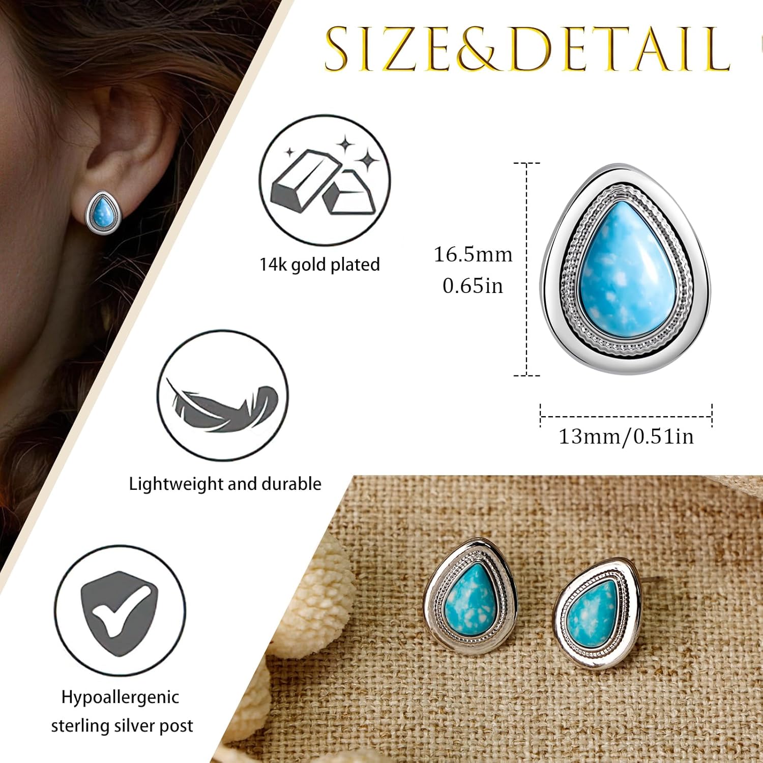 Silver Turquoise Earrings for Women, Boho Sterling Silver Studs, Hypoallergenic Jewelry Gift for Women - Image 5