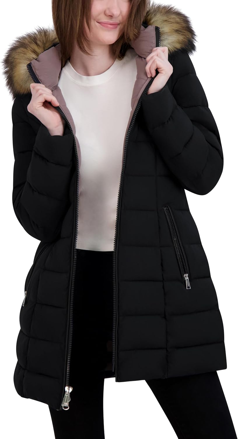 Laundry by Shelli Segal Women's Stretch Quilted Puffer Jacket – Long Winter Coat With Faux Fur Hood